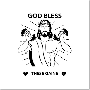 Funny Fitness God Bless These Gains Posters and Art